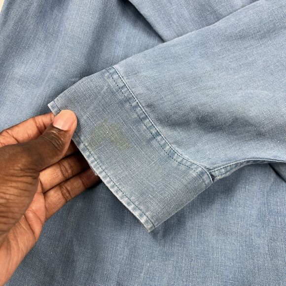 Indigo Palms Linen Button Down Shirt Large Blue Coastal Soft Worn Casual Beachy - Picture 10 of 12